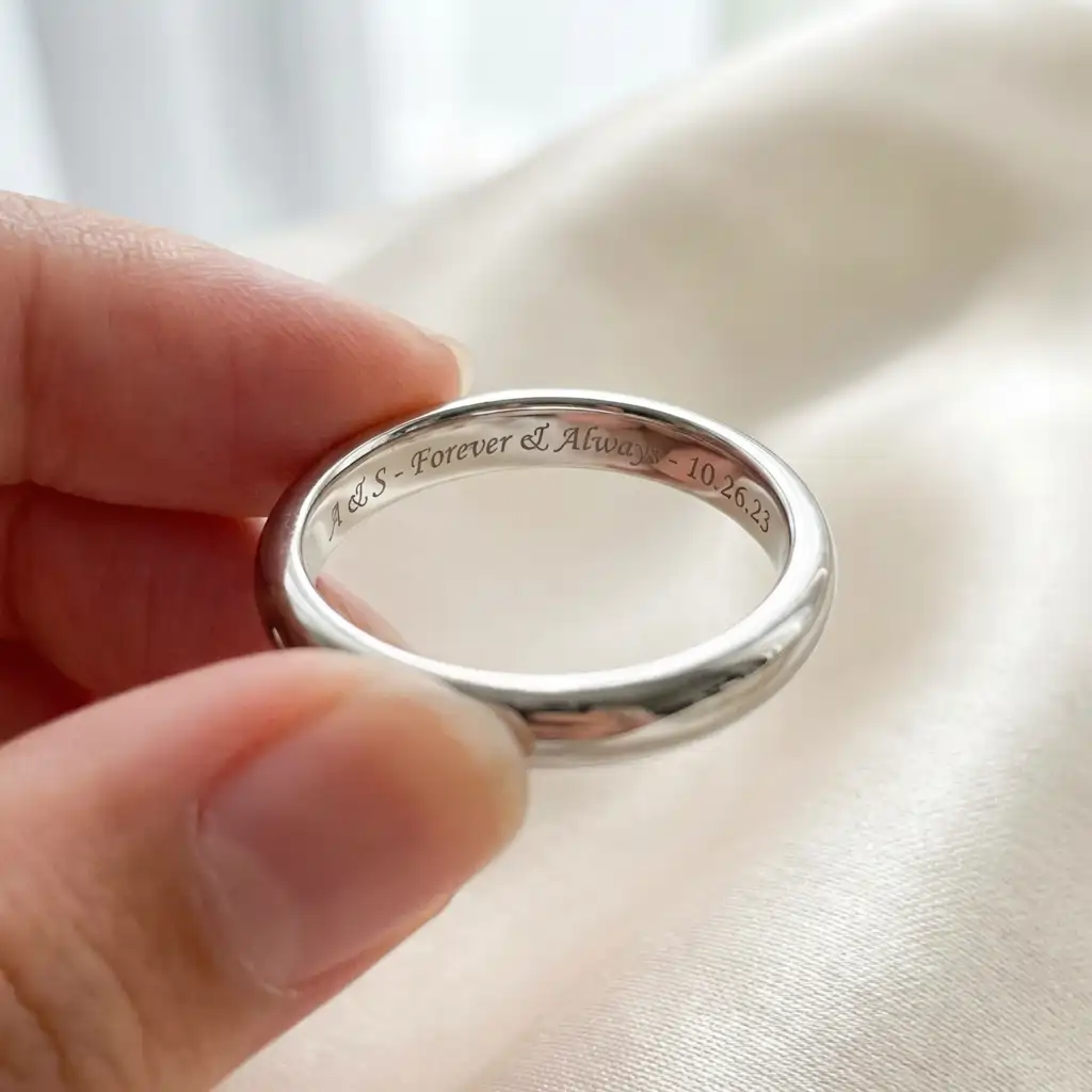 polished band is a personalized sterling silver wedding ring featuring a custom engraving.