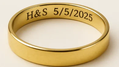 Gold ring engraved inside with "H&S 5/5/2025" artdecoinc.ca