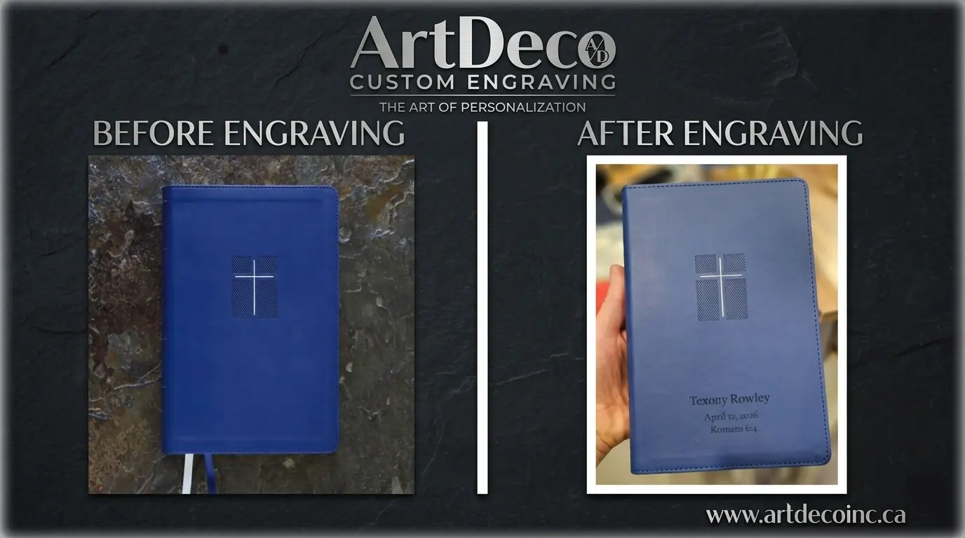 Custom laser engraving on leather-bound books for personalization.